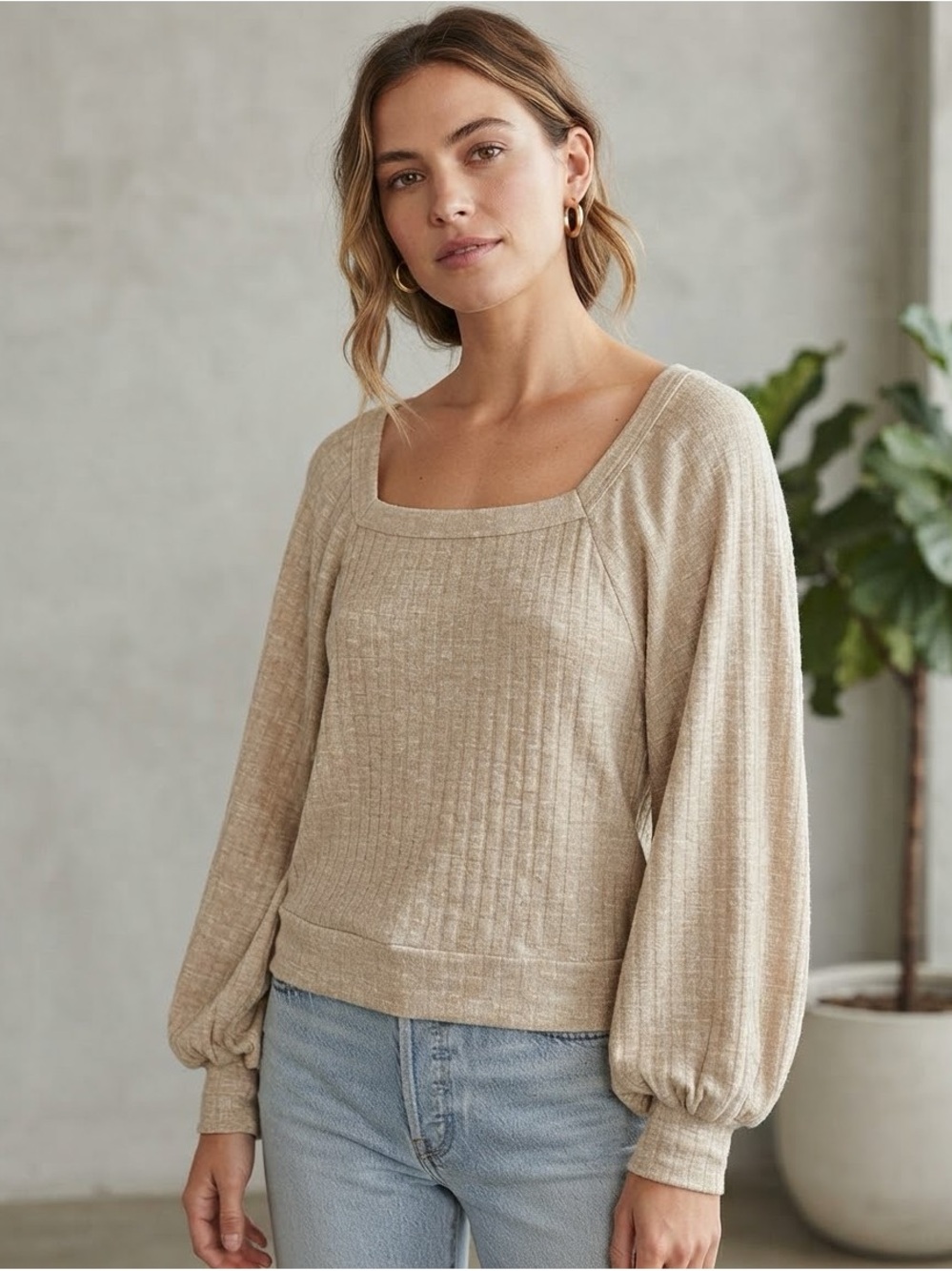 Michael Stars Oatmeal Beige Square Neck Puff Sleeve Ribbed Top Size L